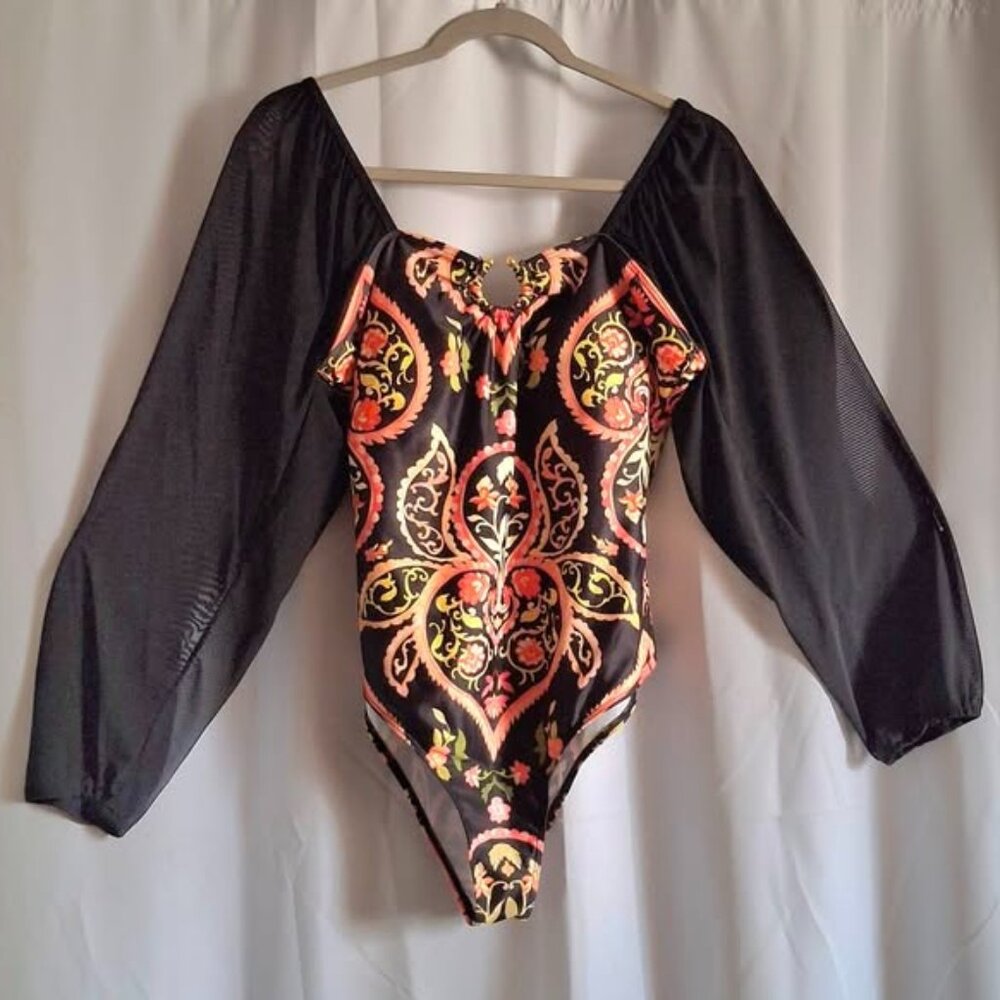 Long  sheer black sleeve orange paisley swimsuit/ body suit  w/Skirt  XL